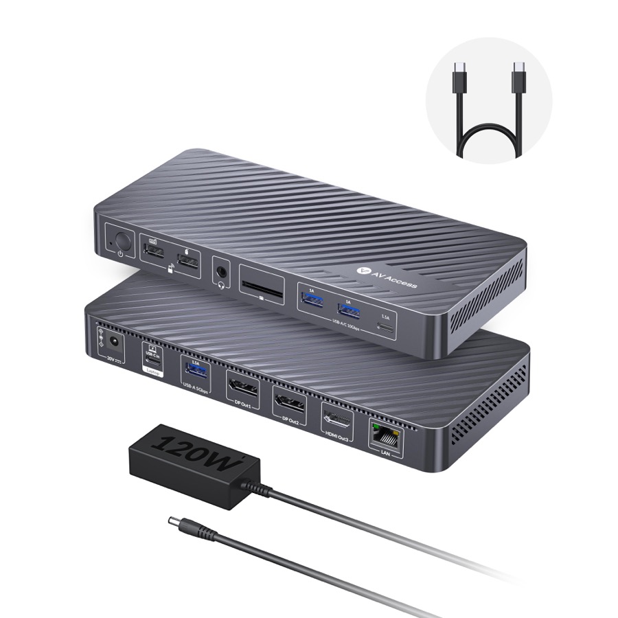 AV Access Docking Station 3 Monitors, 8K@30Hz Single Display, Triple 4K Display (2DP/1HDMI), USB C Dock with 100W Laptop Charging, 10Gbps USB C/A, Ethernet, Audio, SD, for MacBook/Chrome/Dell/HP