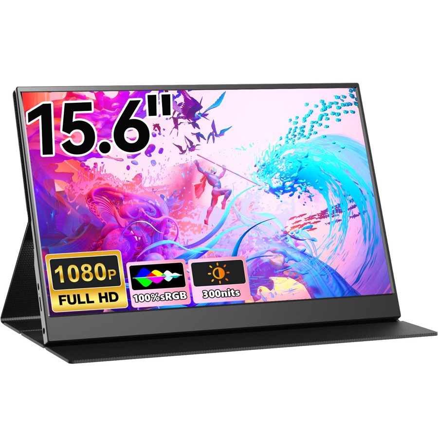 Portable Monitor, 15.6" FHD 1080P IPS Ultra-Slim Screen with 100% sRGB, USB-C & HDMI Plug & Play, Built-in Speakers & Protective Case, External Second Screen for Laptop/Mac/Switch/Xbox