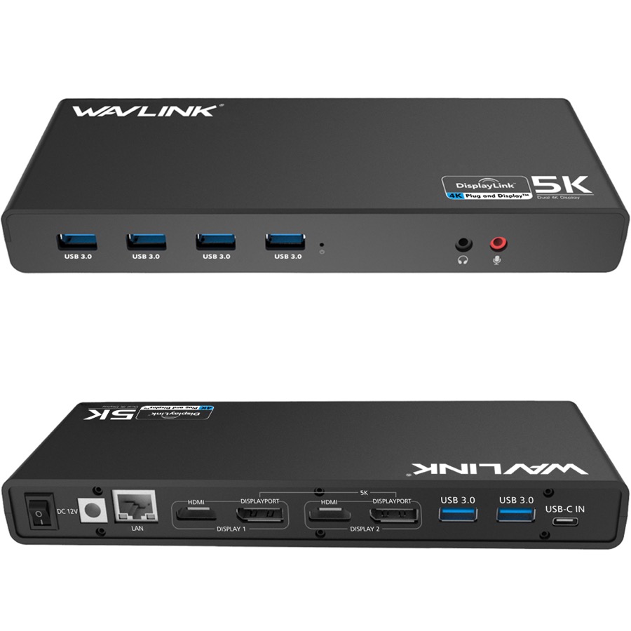 Wavlink Dual 4K Display Laptop Docking Station Single 5K/Dual 4K @60Hz USB 3.0 and USB-C Dual Monitor Docking Station With 2 x HDMI, 2 DP, Gigabit Ethernet, 6 x USB 3.0, Audio, Mic, For Windows/Mac